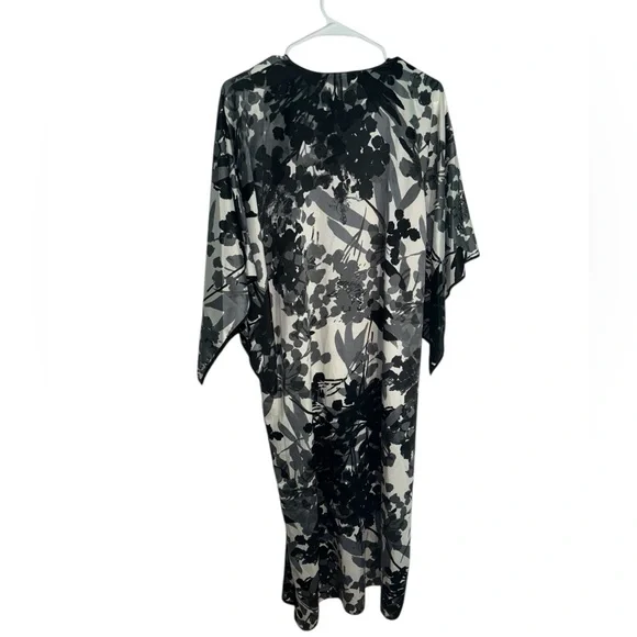 Natori Black Gray and White Floral Silk Kaftan Maxi Dress (Small) - Picture 2 of 5